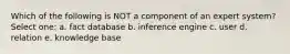 Which of the following is NOT a component of an expert system? Select one: a. fact database b. inference engine c. user d. relation e. knowledge base