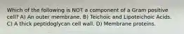 Which of the following is NOT a component of a Gram positive cell? A) An outer membrane. B) Teichoic and Lipoteichoic Acids. C) A thick peptidoglycan cell wall. D) Membrane proteins.