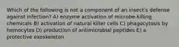 Which of the following is not a component of an insectʹs defense against infection? A) enzyme activation of microbe-killing chemicals B) activation of natural killer cells C) phagocytosis by hemocytes D) production of antimicrobial peptides E) a protective exoskeleton