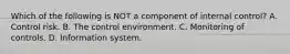 Which of the following is NOT a component of internal control? A. Control risk. B. The control environment. C. Monitoring of controls. D. Information system.