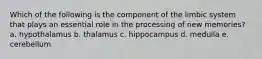 Which of the following is the component of the limbic system that plays an essential role in the processing of new memories? a. hypothalamus b. thalamus c. hippocampus d. medulla e. cerebellum