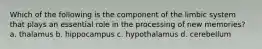 Which of the following is the component of the limbic system that plays an essential role in the processing of new memories? a. thalamus b. hippocampus c. hypothalamus d. cerebellum