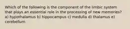 Which of the following is the component of the limbic system that plays an essential role in the processing of new memories? a) hypothalamus b) hippocampus c) medulla d) thalamus e) cerebellum