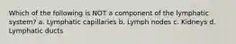 Which of the following is NOT a component of the lymphatic system? a. Lymphatic capillaries b. Lymph nodes c. Kidneys d. Lymphatic ducts