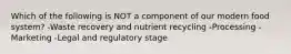 Which of the following is NOT a component of our modern food system? -Waste recovery and nutrient recycling -Processing -Marketing -Legal and regulatory stage