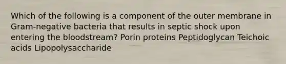 Which of the following is a component of the outer membrane in Gram-negative bacteria that results in septic shock upon entering the bloodstream? Porin proteins Peptidoglycan Teichoic acids Lipopolysaccharide