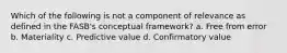 Which of the following is not a component of relevance as defined in the FASB's conceptual framework? a. Free from error b. Materiality c. Predictive value d. Confirmatory value