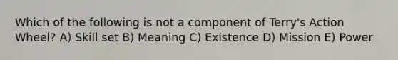 Which of the following is not a component of Terry's Action Wheel? A) Skill set B) Meaning C) Existence D) Mission E) Power