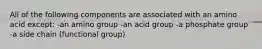 All of the following components are associated with an amino acid except: -an amino group -an acid group -a phosphate group -a side chain (functional group)