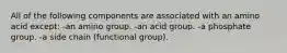 All of the following components are associated with an amino acid except: -an amino group. -an acid group. -a phosphate group. -a side chain (functional group).