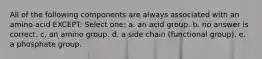 All of the following components are always associated with an amino acid EXCEPT: Select one: a. an acid group. b. no answer is correct. c. an amino group. d. a side chain (functional group). e. a phosphate group.