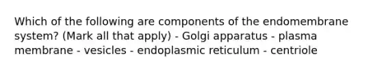 Which of the following are components of the endomembrane system? (Mark all that apply) - Golgi apparatus - plasma membrane - vesicles - endoplasmic reticulum - centriole