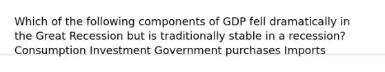 Which of the following components of GDP fell dramatically in the Great Recession but is traditionally stable in a recession? Consumption Investment Government purchases Imports