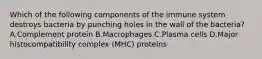 Which of the following components of the immune system destroys bacteria by punching holes in the wall of the bacteria? A.Complement protein B.Macrophages C.Plasma cells D.Major histocompatibility complex (MHC) proteins