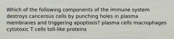 Which of the following components of the immune system destroys cancerous cells by punching holes in plasma membranes and triggering apoptosis? plasma cells macrophages cytotoxic T cells toll-like proteins