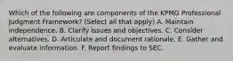 Which of the following are components of the KPMG Professional Judgment Framework? (Select all that apply) A. Maintain independence. B. Clarify issues and objectives. C. Consider alternatives. D. Articulate and document rationale. E. Gather and evaluate information. F. Report findings to SEC.