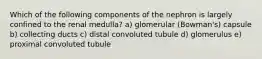 Which of the following components of the nephron is largely confined to the renal medulla? a) glomerular (Bowman's) capsule b) collecting ducts c) distal convoluted tubule d) glomerulus e) proximal convoluted tubule