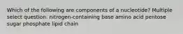 Which of the following are components of a nucleotide? Multiple select question. nitrogen-containing base amino acid pentose sugar phosphate lipid chain