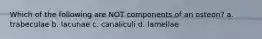 Which of the following are NOT components of an osteon? a. trabeculae b. lacunae c. canaliculi d. lamellae