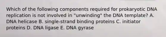 Which of the following components required for prokaryotic <a href='https://www.questionai.com/knowledge/kofV2VQU2J-dna-replication' class='anchor-knowledge'>dna replication</a> is not involved in "unwinding" the DNA template? A. DNA helicase B. single-strand binding proteins C. initiator proteins D. DNA ligase E. DNA gyrase