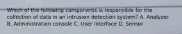 Which of the following components is responsible for the collection of data in an intrusion detection system? A. Analyzer B. Administration console C. User interface D. Sensor