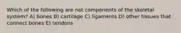Which of the following are not components of the skeletal system? A) bones B) cartilage C) ligaments D) other tissues that connect bones E) tendons