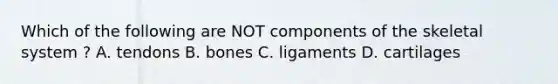 Which of the following are NOT components of the skeletal system ? A. tendons B. bones C. ligaments D. cartilages