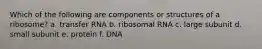 Which of the following are components or structures of a ribosome? a. transfer RNA b. ribosomal RNA c. large subunit d. small subunit e. protein f. DNA