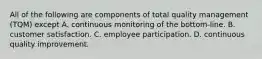 All of the following are components of total quality management (TQM) except A. continuous monitoring of the bottom-line. B. customer satisfaction. C. employee participation. D. continuous quality improvement.