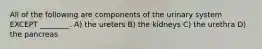 All of the following are components of the urinary system EXCEPT ________. A) the ureters B) the kidneys C) the urethra D) the pancreas