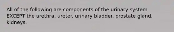 All of the following are components of the urinary system EXCEPT the urethra. ureter. <a href='https://www.questionai.com/knowledge/kb9SdfFdD9-urinary-bladder' class='anchor-knowledge'>urinary bladder</a>. prostate gland. kidneys.