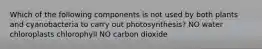 Which of the following components is not used by both plants and cyanobacteria to carry out photosynthesis? NO water chloroplasts chlorophyll NO carbon dioxide