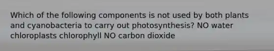 Which of the following components is not used by both plants and cyanobacteria to carry out photosynthesis? NO water chloroplasts chlorophyll NO carbon dioxide