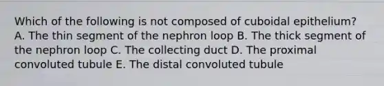 Which of the following is not composed of cuboidal epithelium? A. The thin segment of the nephron loop B. The thick segment of the nephron loop C. The collecting duct D. The proximal convoluted tubule E. The distal convoluted tubule