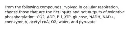 From the following compounds involved in cellular respiration, choose those that are the net inputs and net outputs of oxidative phosphorylation. CO2, ADP, P_i, ATP, glucose, NADH, NAD+, coenzyme A, acetyl coA, O2, water, and pyruvate