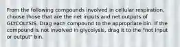 From the following compounds involved in cellular respiration, choose those that are the net inputs and net outputs of GLYCOLYSIS. Drag each compound to the appropriate bin. If the compound is not involved in glycolysis, drag it to the "not input or output" bin.