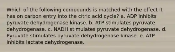 Which of the following compounds is matched with the effect it has on carbon entry into the citric acid cycle? a. ADP inhibits pyruvate dehydrogenase kinase. b. ATP stimulates pyruvate dehydrogenase. c. NADH stimulates pyruvate dehydrogenase. d. Pyruvate stimulates pyruvate dehydrogenase kinase. e. ATP inhibits lactate dehydrogenase.