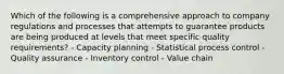 Which of the following is a comprehensive approach to company regulations and processes that attempts to guarantee products are being produced at levels that meet specific quality​ requirements? - Capacity planning - Statistical process control - Quality assurance - Inventory control - Value chain