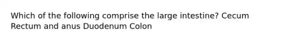 Which of the following comprise the large intestine? Cecum Rectum and anus Duodenum Colon