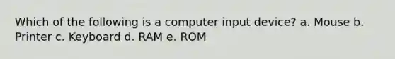 Which of the following is a computer input device? a. Mouse b. Printer c. Keyboard d. RAM e. ROM