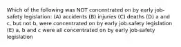 Which of the following was NOT concentrated on by early job-safety legislation: (A) accidents (B) injuries (C) deaths (D) a and c, but not b, were concentrated on by early job-safety legislation (E) a, b and c were all concentrated on by early job-safety legislation