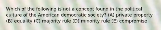 Which of the following is not a concept found in the political culture of the American democratic society? (A) private property (B) equality (C) majority rule (D) minority rule (E) compromise