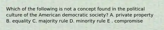 Which of the following is not a concept found in the political culture of the American democratic society? A. private property B. equality C. majority rule D. minority rule E . compromise