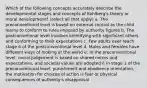 Which of the following concepts accurately describe the developmental stages and concepts of Kohlberg's theory or moral development? (select all that apply) a. The preconventional level is based on external control as the child learns to conform to rules imposed by authority figures b. The postconvetional level involves identifying with significant others and conforming to their expectations c. Few adults ever reach stage 6 of the postconventional level d. Males and females have different ways of looking at the world e. In the preconventional level, moral judgement is based on shared norms and expectations, and societal values are adopted f. In stage 1 of the preconventional level, punishment and obedience orientation, the motivation for choices of action is fear or physical consequences of authority's disapproval