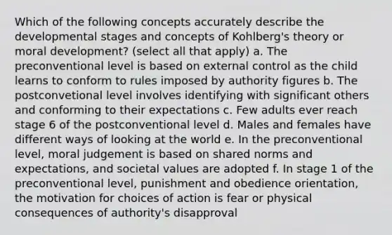 Which of the following concepts accurately describe the developmental stages and concepts of Kohlberg's theory or moral development? (select all that apply) a. The preconventional level is based on external control as the child learns to conform to rules imposed by authority figures b. The postconvetional level involves identifying with significant others and conforming to their expectations c. Few adults ever reach stage 6 of the postconventional level d. Males and females have different ways of looking at the world e. In the preconventional level, moral judgement is based on shared norms and expectations, and societal values are adopted f. In stage 1 of the preconventional level, punishment and obedience orientation, the motivation for choices of action is fear or physical consequences of authority's disapproval