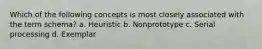 Which of the following concepts is most closely associated with the term schema? a. Heuristic b. Nonprototype c. Serial processing d. Exemplar