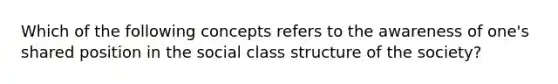 Which of the following concepts refers to the awareness of one's shared position in the social class structure of the society?