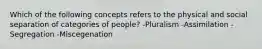 Which of the following concepts refers to the physical and social separation of categories of people? -Pluralism -Assimilation -Segregation -Miscegenation