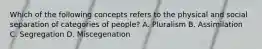 Which of the following concepts refers to the physical and social separation of categories of people? A. Pluralism B. Assimilation C. Segregation D. Miscegenation