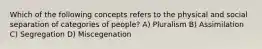 Which of the following concepts refers to the physical and social separation of categories of people? A) Pluralism B) Assimilation C) Segregation D) Miscegenation